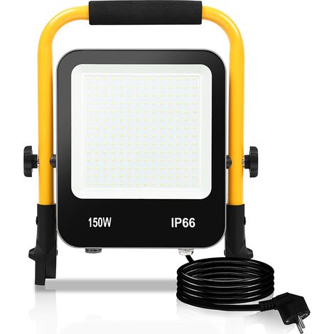 Wolketon LED-Baustrahler, IP66 Außenstrahler, 120° Abstrahlwinkel, 150W LED Fluter mit Stativ, 6000K Kaltweiß Arbeitslampe