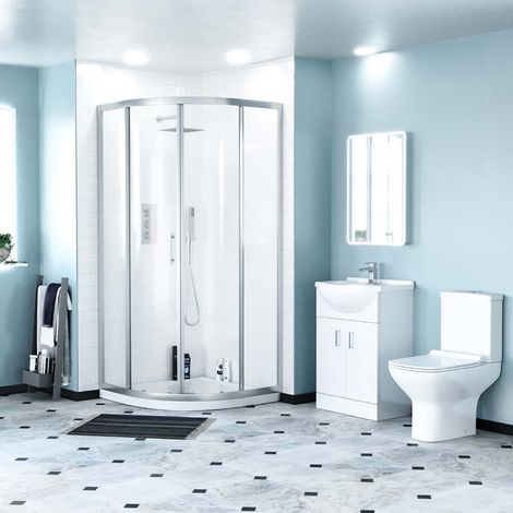 Warton Rimless Close Coupled Toilet, Flat Pack Vanity Basin Unit, 800mm Quadrant Shower Enclosure and Shower Tray Suite White (1/5)