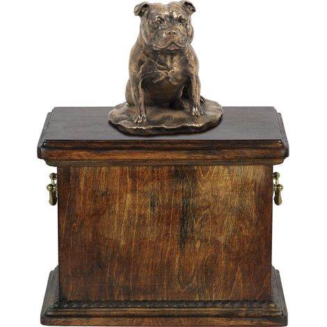 Urne funéraire pour Staffordshire Bull Terrier (Staffik, Staffi) avec statuette, élégante urne de style classique signée Art-Dog. (1/5)