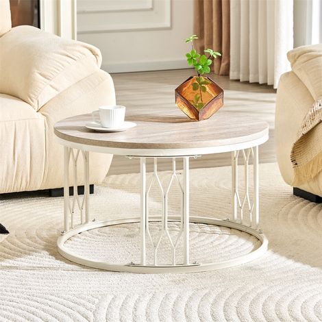 Table basse ronde - 70x70x40.5 cm - Design géométrique moderne chic salon table d'appoint bout de canapé robuste - Blanc (1/5)