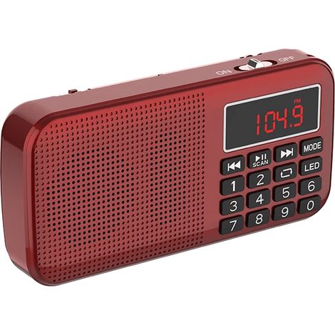 (Rouge) Double emplacement pour carte TF, lampe torche LED à double batterie avec radio FM et fonction USB. (1/5)