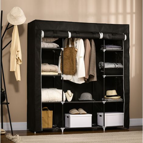 Stoffschrank 150x43x162.5 cm schwarz Stahl mit Kleiderstange, 10 Fächern und Reißverschluss (1/5)