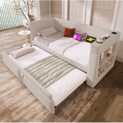 Cama nido tapizada 90x200 cm con USB, Type-C y portavasos, beige, OKWISH (1/5)