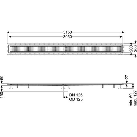 Caniveau Ferrofix avec angle de raccordement pour carrelage, 200 x 3050 mm