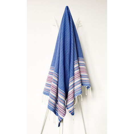 Fouta 100x200 bleu, gris, blanc et rouge - 100% coton - franges