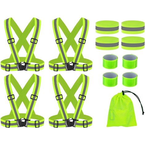 4 Pièces Gilet Réfléchissant Vélo+4 Pièces Bracelet Réfléchissant Réglable+4 Pièces Brassard Reflechissant, Harnais de Reflechissant Réglable Gilet, Unisexe pour La Course, Le Vélo, La Moto (1/5)