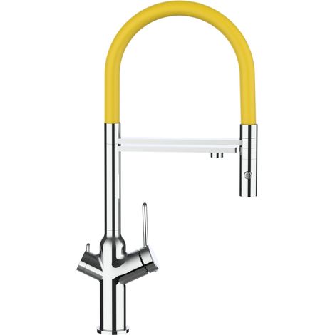 Rubinetto 3 vie miscelatore cucina cromato con canale separato per acqua filtrata, canna gialla movibile e doccia due getti staccabile - serie BOD (1/5)