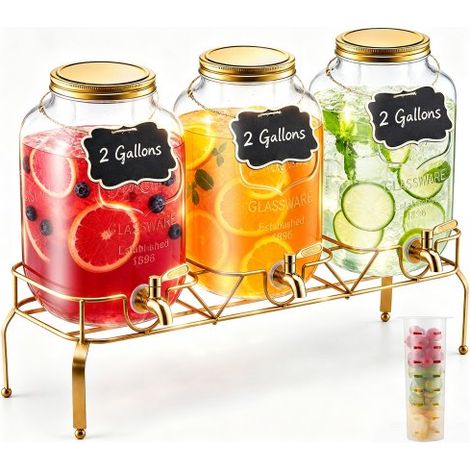Distributeur de Boissons Capacité de 8 L 3PCs, Fontaine à Eau en Verre, Distribution d’Eau Jus Limonade Thé Glacé, avec Support en Métal, Robinet et Infuseur, pour Restaurant Café Hôtel Fête (1/3)