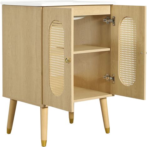 Mobile bagno 61 cm con lavabo in ceramica, ante in rattan e finitura effetto legno naturale (1/5)