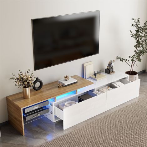 Meuble TV au design moderne : élégant et raffiné, espace de rangement pratique, blanc laqué brillant, aspect bois, étagères en verre, éclairage LED (1/4)