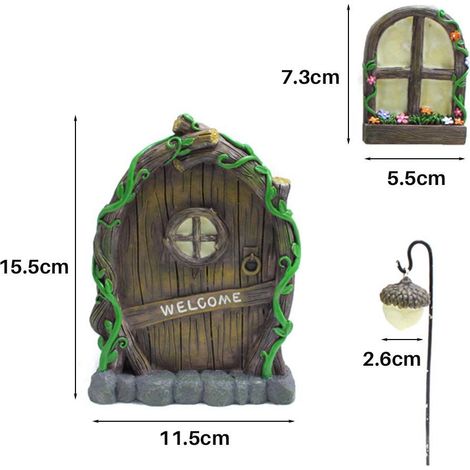 Mini casa de hadas con iluminación, puerta y ventanas automáticas, decoración de jardín, resina pintada a mano, 360 g, 1 puerta, 2 ventanas (1/5)