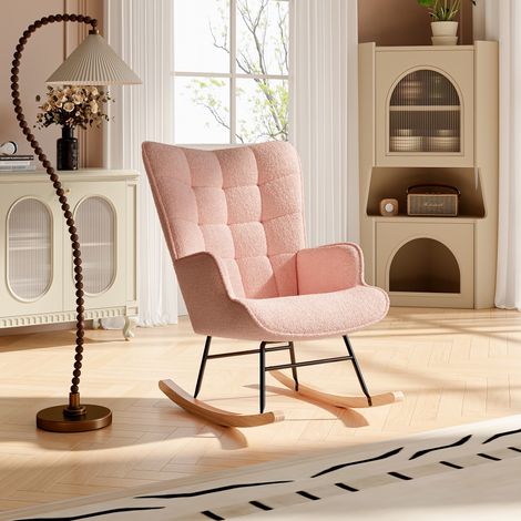 Schaukelstuhl, Beine aus Massivholz, karierte Rücken- und Armlehnen, Teddysamt, Metallrahmen, skandinavischer Stil, geeignet für Wohnzimmer und Schlafzimmer - Rosa