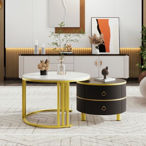 Runder Couchtisch 70x70x46 + 50x50x40 cm schwarz/gold, 2 Schubladen, MDF, MEUBLIV (1/5)