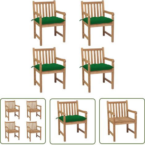 Holzstühle - vidaXL Gartenstühle 4 Stk. mit Grünen Kissen Massivholz Teak - Sitzkissen (1/5)