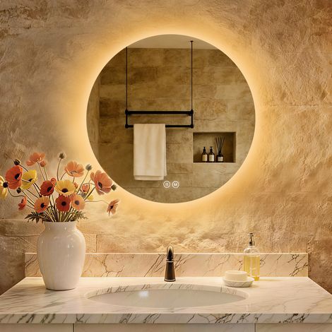 S'AFIELINA Miroir salle de bain miroir lumineux LED Miroir Rond Miroir Mural Diamètre 50cm avec Interrupteur Tactile 3 Couleurs de lumière 3000/4000/6500K