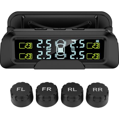 Système de surveillance de la pression des pneus avec 4 capteurs externes, chargement solaire et USB-C, marche/arrêt automatique, alarme de batterie faible pour voitures, SUV, monospaces et véhicules (1/5)