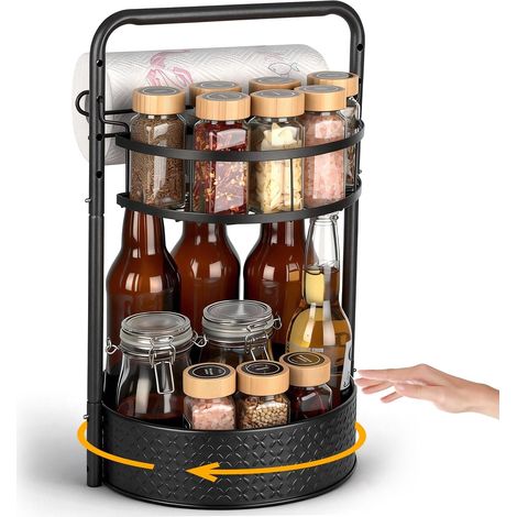 Étagère à épices rotative à 360°, Tourniquet a Epices étages Ajustable Polyvalent Avec Organisateur Placard Cuisine, Porte-Essuie-Tout et Plateau Tournant, pour Bouteilles Hautes et Basses, Noir (1/5)