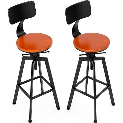Lot de 2 Tabourets de Bar Réglables avec Dossier, Noir (1/5)
