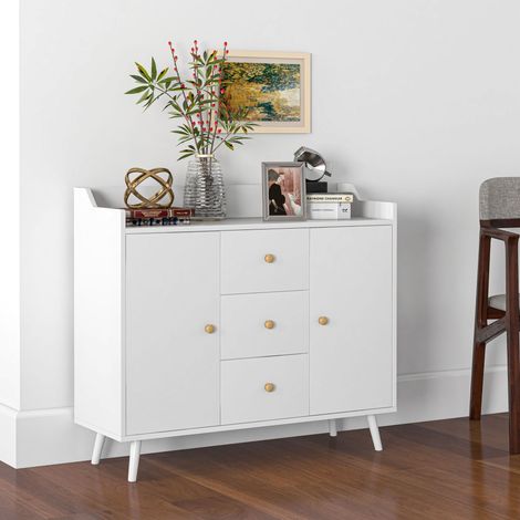 Buffet, meuble de rangement avec 2 portes, 3 tiroirs et pieds en bois massif, style moderne, blanc, 90 x 32 x 80 centimètres