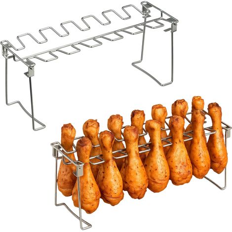 Relaxdays Supporto Pollo Bbq, Set da 2 Porta Cosce alla Griglia, Accessori Barbecue Grill, Graticola in Acciaio Inox