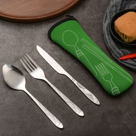 4-teiliges Besteckset aus Edelstahl, bestehend aus Messer, Gabel und Löffel, mit gravierter Oberfläche, leicht, tragbar und robust. (1/5)