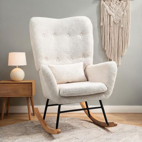 Fauteuil à bascule en tissu teddy blanc cassé avec accoudoirs (1/5)