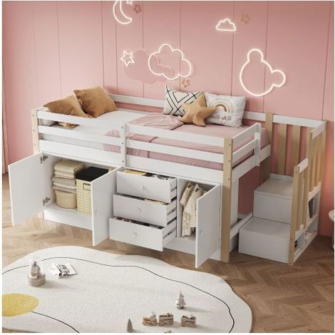 Lit superposé enfant - 90x200 cm - escalier, penderie, tiroirs - lit superposé - multifonction avec rangement blanc (1/5)