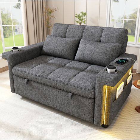 Sofá cama 2 plazas 145 x 141,5 x 90 cm, respaldo ajustable en 3 posiciones, LED, USB/Type-C, tela chenilla - gris (1/5)