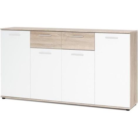 JACKY Buffet bas classique blanc et décor chene mat - L 160 cm (1/4)