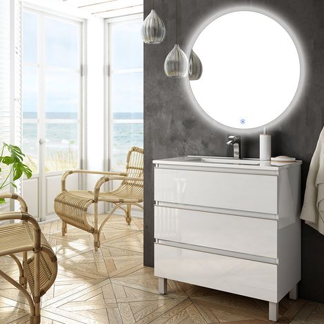 Meuble de salle de bain simple vasque - 3 tiroirs - blanc - PALMA et miroir rond Led SOLEN - 80cm (1/5)