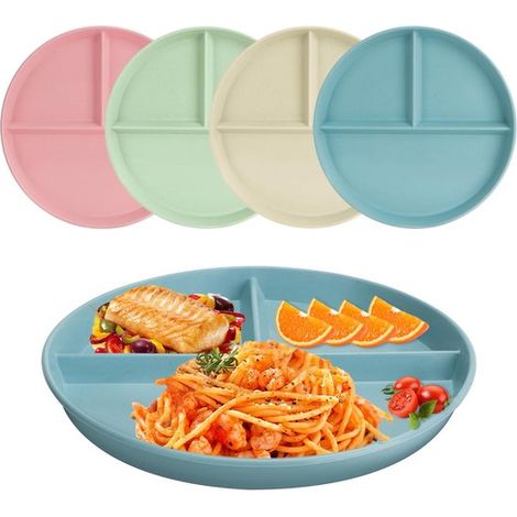 Assiettes diététiques compartimentées Allecto de 23 cm pour une alimentation équilibrée, ensemble de 4 pièces, réutilisables pour adultes et enfants, pour les pique-niques (1/5)