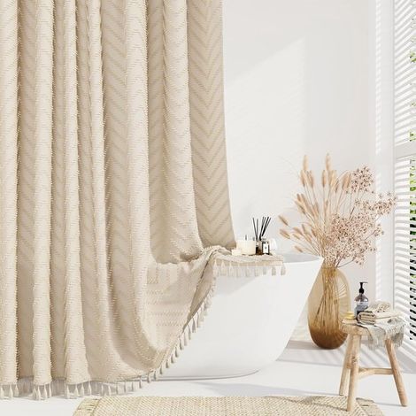 Rideau de douche en textile – Rayé avec pompons – Beige – 183x213 cm – Hydrofuge – Crochets inclus (1/5)