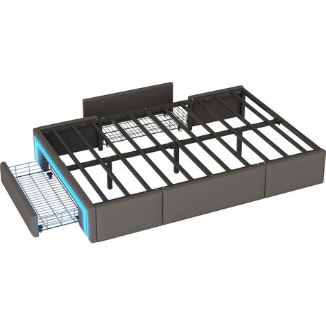 Lit coffre 90 x 200 cm en cuir PU gris avec tiroirs, bande LED et cadre métallique, sans tête de lit (1/5)