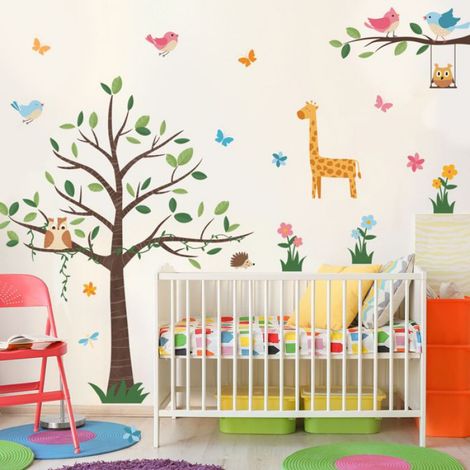 Sticker Mural Oiseau Girafe Arbre - Décoration Murale Grand Format - Pour Chambre Salon Bureau - 3 Pièces (1/5)