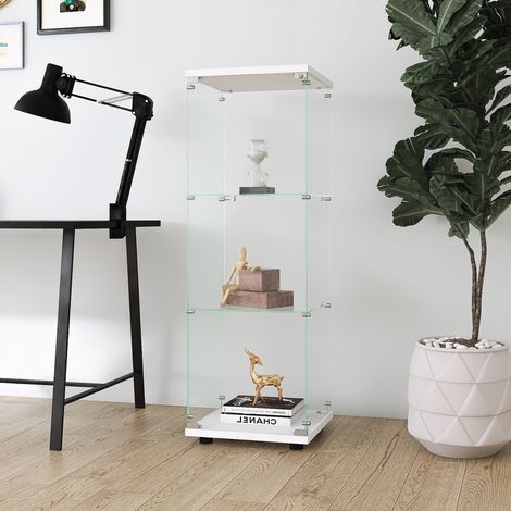 Vitrine à 3 niveaux,verre transparent moderne vitrine,robuste et durable casiers pour objets de collection,facile à nettoyer étagère en verre de type sol, Blanc (1/5)