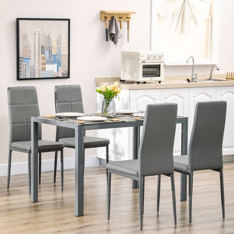 5-teiliges Esszimmer-Set mit 1 Esstisch und 4 Stühlen, modern für Küche oder Esszimmer, aus Kunstleder, Metall und Sicherheitsglas, Grau