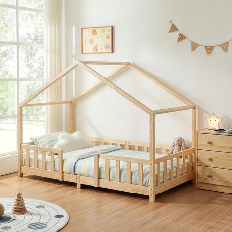 [En.Casa] – Lit d'enfant en forme de maison 90 x 200 cm – Bois de pin naturel – Style Montessori – Barrière anti-chute – Sommier à lattes (1/5)
