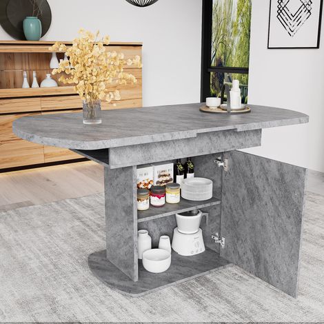 Table ovale extensible 110/130×70×75 cm, moderne minimaliste, rangement intégré, multifonction. Aspect béton + poignée argentée, gain de place.