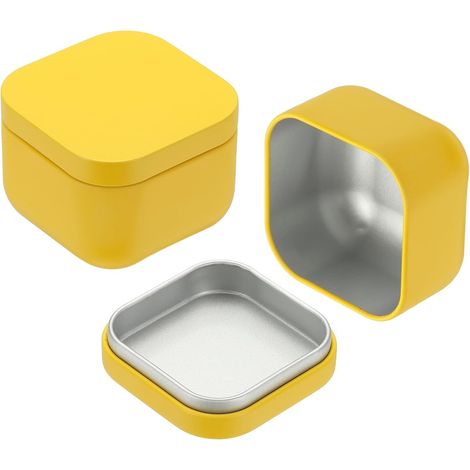 Dos latas cuadradas de metal con tapa. Estas pequeñas latas de metal son ideales para guardar té a granel, galletas, dulces, café, especias, regalos, etc. (Amarillo) (1/5)