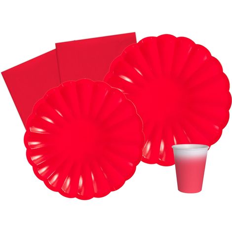 Kit Vaisselle de Fête Unicolor Flower Shape pour 8 Personnes 44 pcs: 8 Assiettes Ø23cm, 8 Assiettes Ø18cm, 8 gobelets 250ml, 20 Serviettes 33x33cm en Papier compostable eco-Friendly, Rouge (1/5)