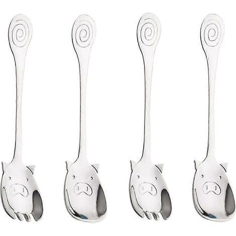 Lot de 4 cuillères-fourchettes à dessert en forme de cochon mignon, en acier inoxydable (1/5)
