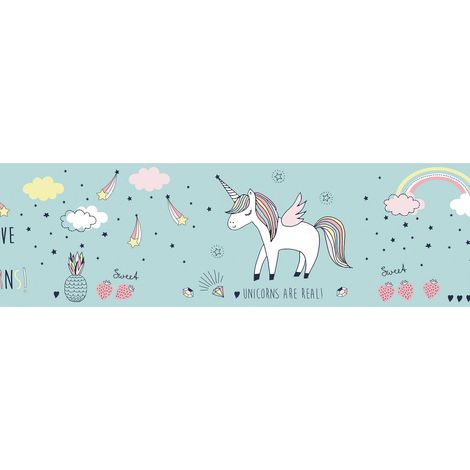 Carta da parati con animali Profhome 403746 Bordo autoadesivo leggermente strutturata con disegni di animali opaca turchese rosa giallo bianco 0,75 m2