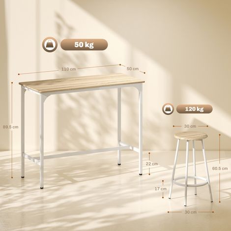 Un ensemble de salle à manger 5 pièces en bois et grain de bois (comprend un comptoir de bar mesurant 110x50x89,5 cm et des tabourets mesurant Ø30x60,5 cm). (1/5)