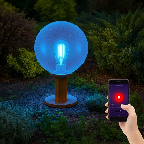 Garten Außenbeleuchtung Sockelleuchte Außen E27 Außenlampe Stehlampe, Alu Holzoptik Glaskugel, Blasen-Optik, dimmbar Fernbedienung, RGB LED 8,5W 806Lm 2700K-6500K, DxH 25x38 cm