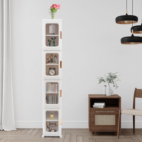 Armoire de rangement 4 étagères – 8 compartiments, 166 cm, portes à aimant, roulettes – Pour cuisine, salon, salle de bain – Blanc (1/5)