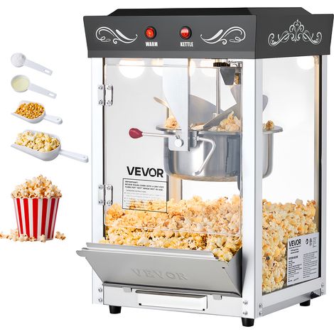 VEVOR Macchina per Popcorn, Bollitore in Acciaio Inox da 0,2 kg, 800 W, 48 Tazze per Dose, Stile Cinema, con Controllo a 2 Pulsanti, con Parete in Vetro, 1 Misurino, 3 Cucchiai, Nero