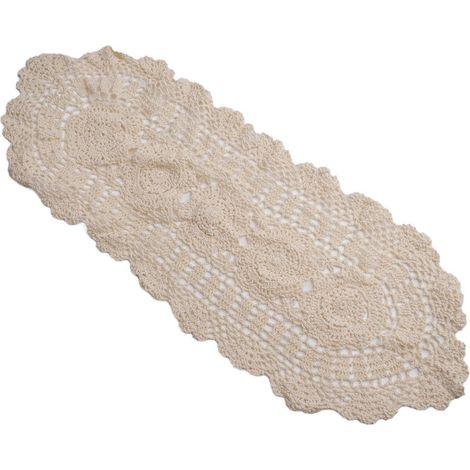 Nappe ovale au crochet avec dentelle florale, 30x70cm, coton, blanc