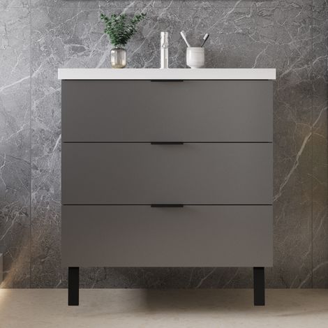 DUCHA CASA Mueble de Baño, Gran Espacio de Almacenamiento, 3 Cajones,Antracita,790 x 460 x 850cm,Lavabo blanco