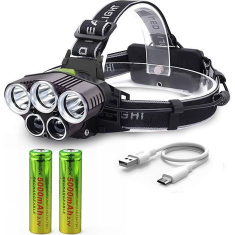 Wiederaufladbare Stirnlampe, extrem helle Leuchtkraft (Lumen), USB-aufladbar, 5 LEDs, 6 Leuchtmodi, 2 Batterien, stoßfest, für Wandern, Laufen, Camping, Klettern, Bergsteigen und Heimwerkerprojekte – (1/5)