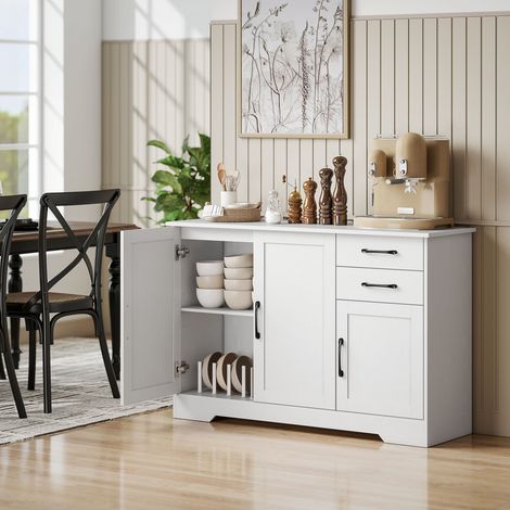 Buffet, meuble de rangement avec 3 portes, 2 tiroirs et étagère réglable, blanc, 120 x 38 x 79 centimètres